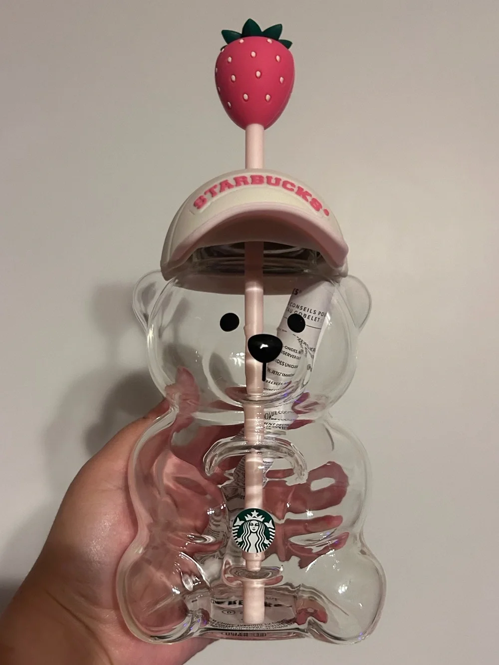 Starbucks Clear Bear Tumbler with Pink Straw and Strawberry Lid
